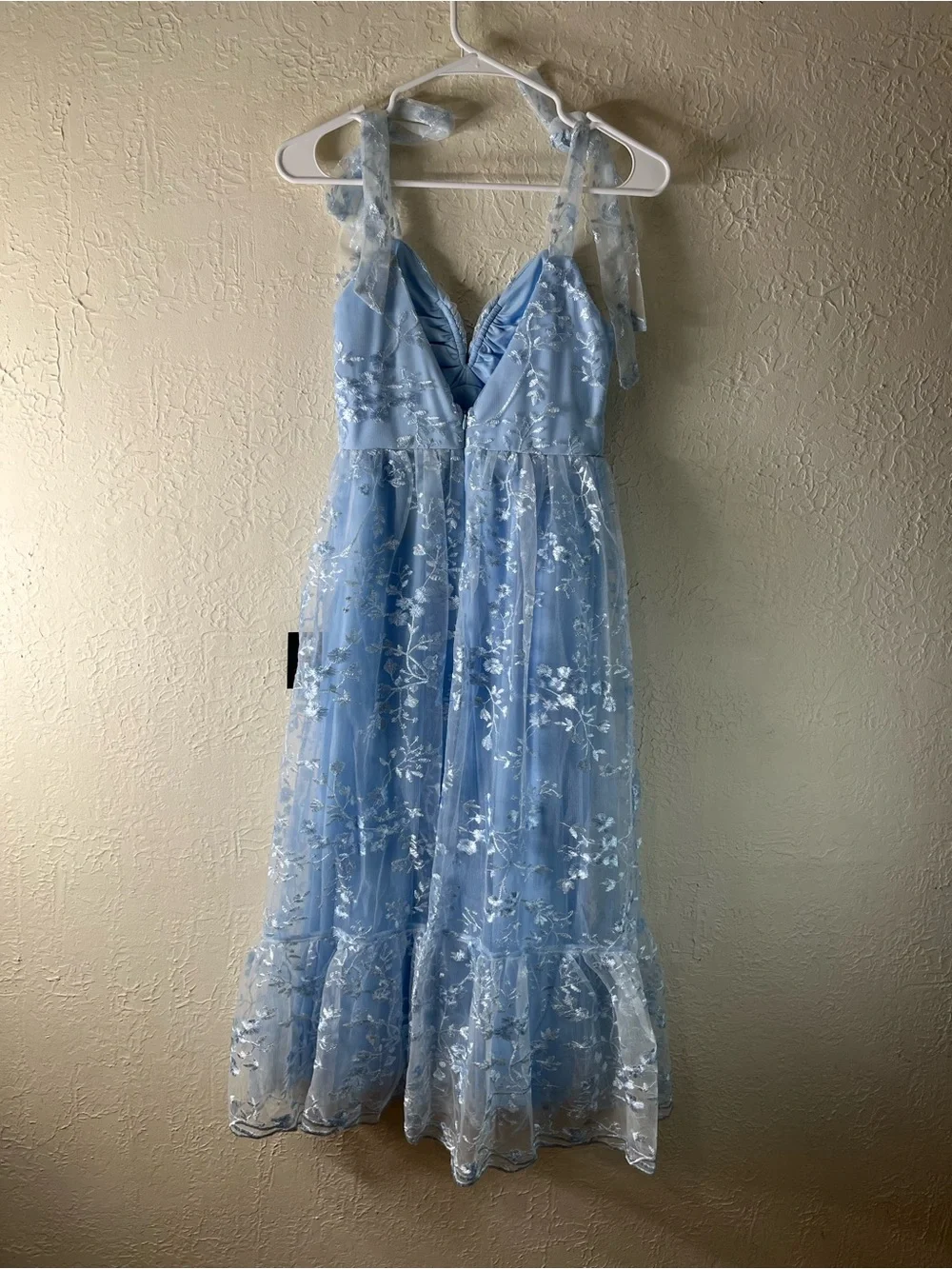 Lulu's Distinctly Sweet Blue Floral Embroidered Tie Strap Midi Dress - Picture 10 of 15